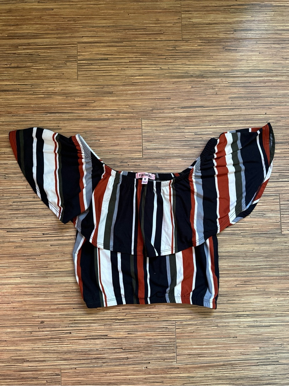 feathers Off-Shoulder Striped Crop Top in Black, Rust & Olive size medium